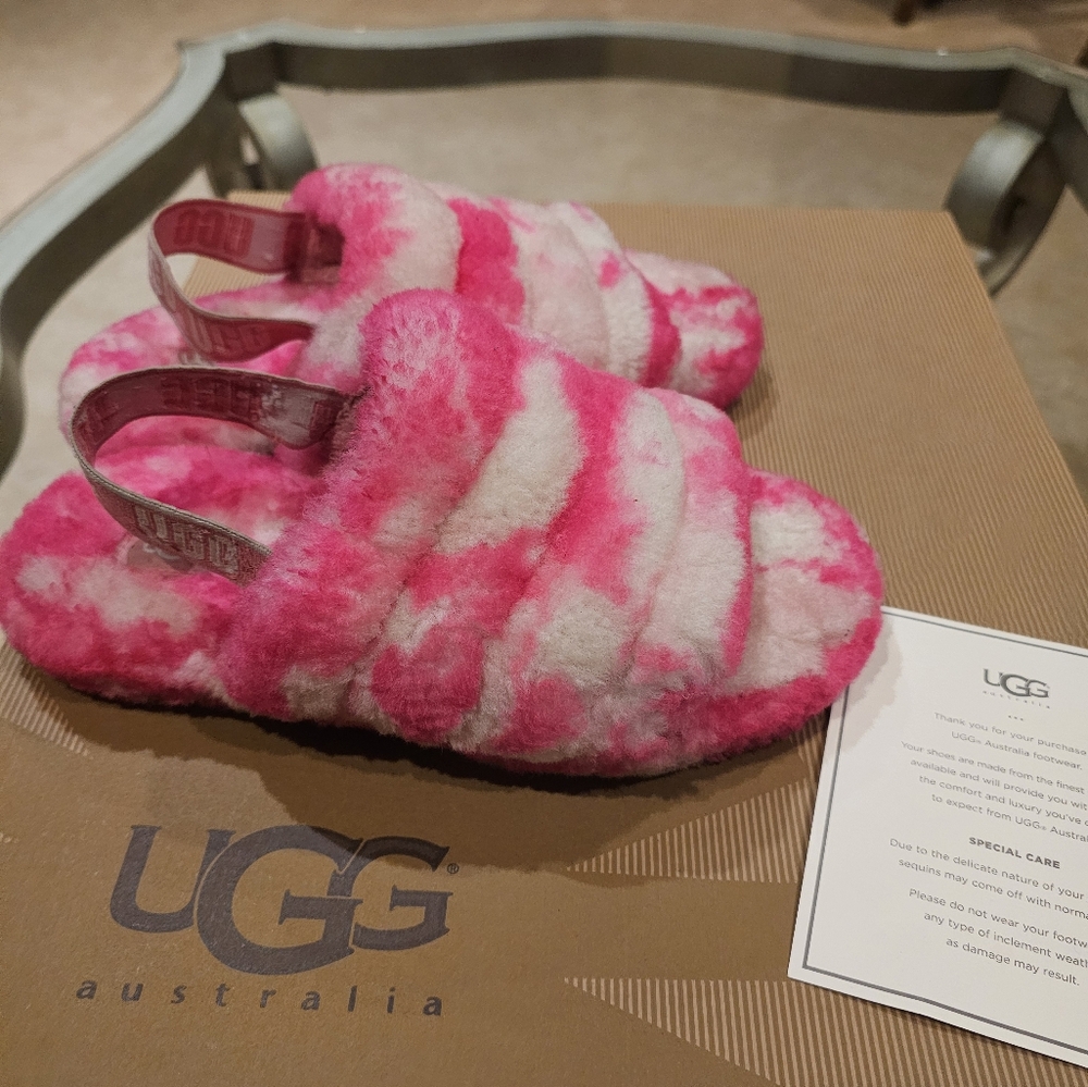 UGG Vibrant Pink and Cream Fluffy Slippers